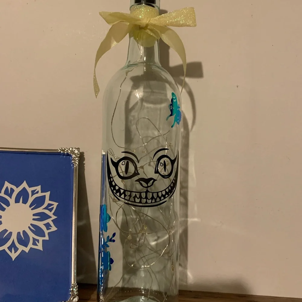 Hand Crafted- Cheshire Cat Smile wine bottle lantern